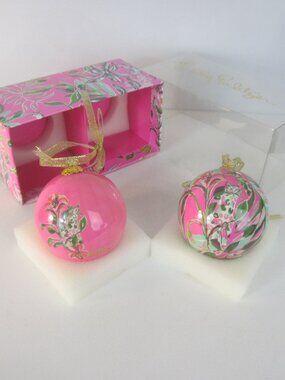 Lilly Pulitzer Green Pink Ornament Set 2 Pack Box Cheetah Jaguar Decor Holiday